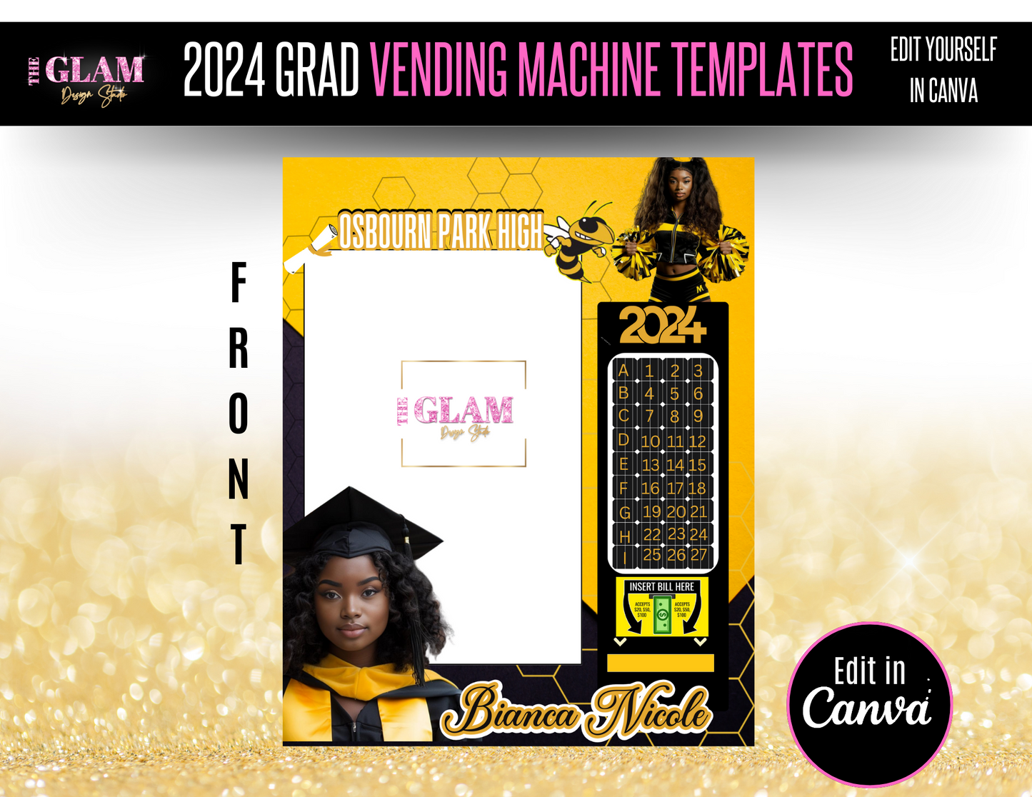 2024 Grad Vending Machine Editable Templates, (Canva Black & Yellow)