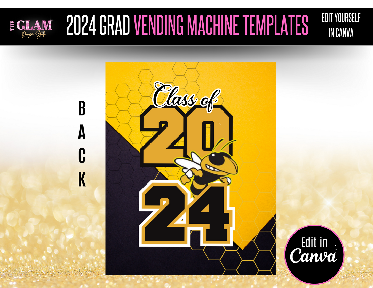 2024 Grad Vending Machine Editable Templates, (Canva Black & Yellow)