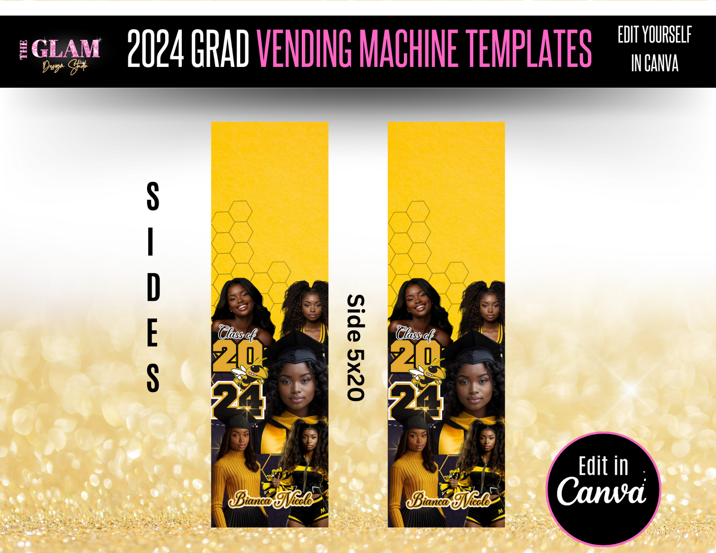 2024 Grad Vending Machine Editable Templates, (Canva Black & Yellow)