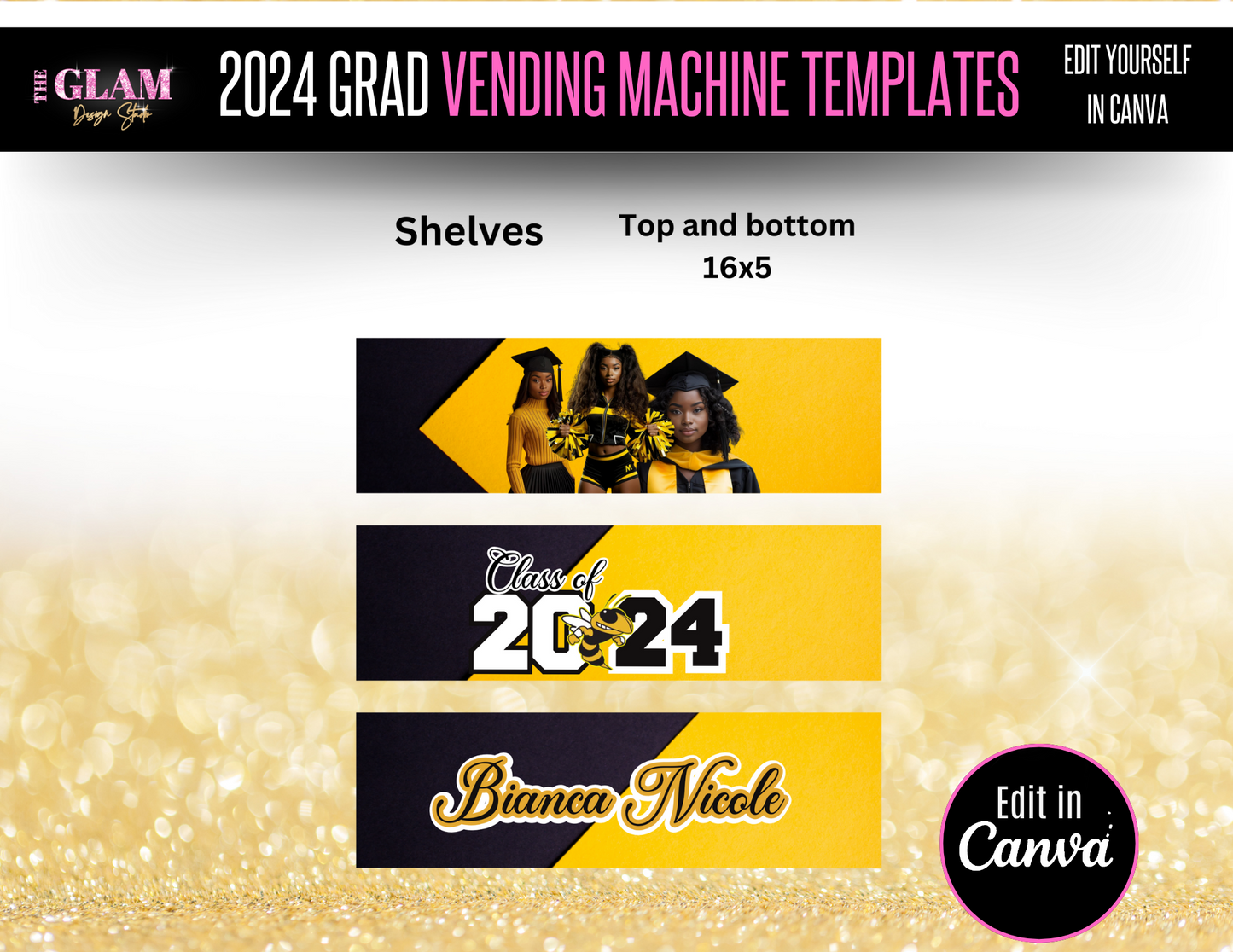 2024 Grad Vending Machine Editable Templates, (Canva Black & Yellow)