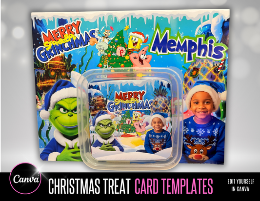 SpongeBob Grinchmas Christmas Treat Card Template – Editable Canva Treat Tray Card for Kids Holiday Parties, Crafters & DIY Gifts