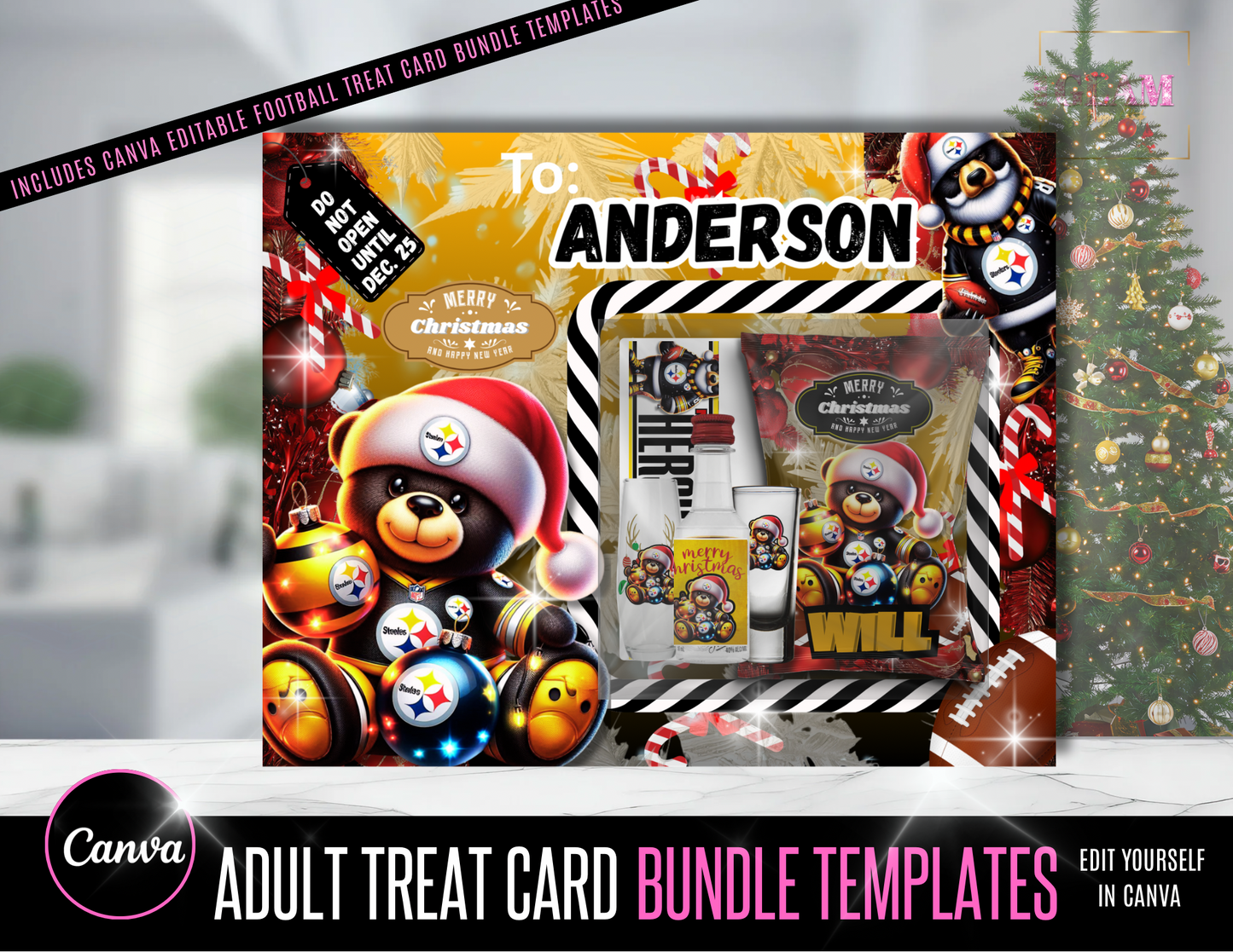 Football Fan Christmas Treat Card Bundle | All 32 Football Teams | Editable Canva Templates + Bonus Chip Bag