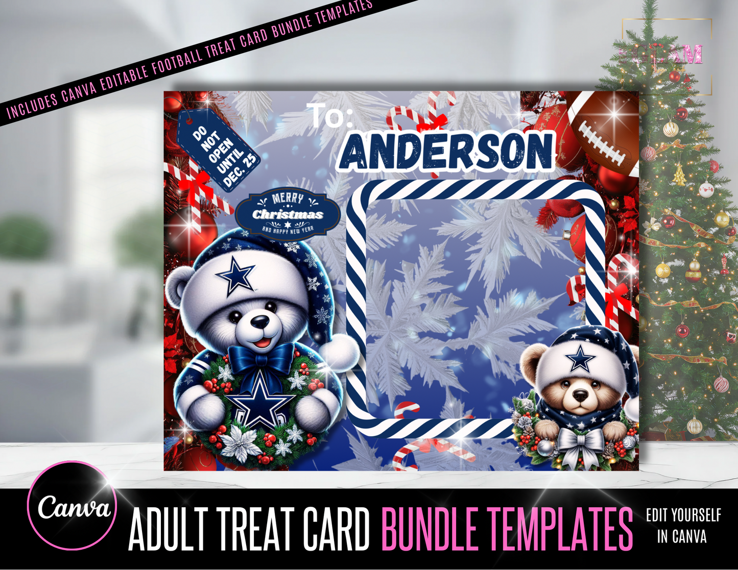 Football Fan Christmas Treat Card Bundle | All 32 Football Teams | Editable Canva Templates + Bonus Chip Bag