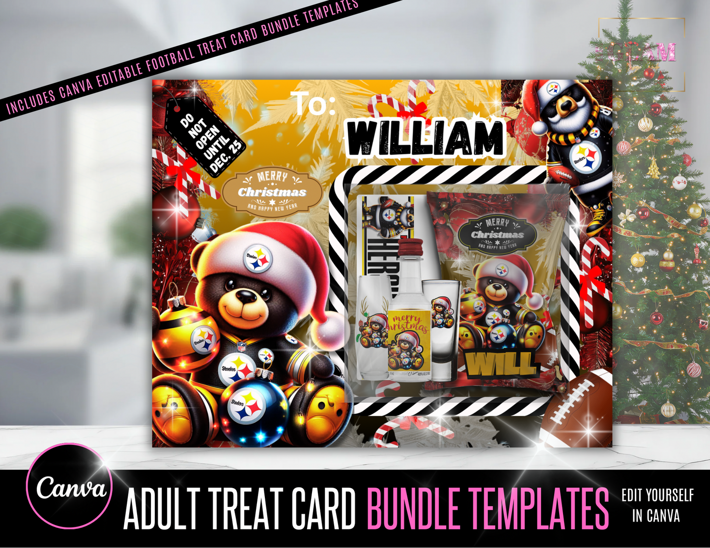 Football Fan Christmas Treat Card Bundle | All 32 Football Teams | Editable Canva Templates + Bonus Chip Bag