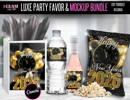 Luxe New Year’s 2026 Party Favor & Mockup Bundle | Editable Canva Templates