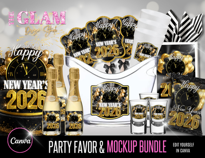 Luxe New Year’s 2026 Party Favor & Mockup Bundle | Editable Canva Templates