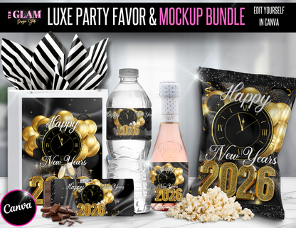 Luxe New Year’s 2026 Party Favor & Mockup Bundle | Editable Canva Templates