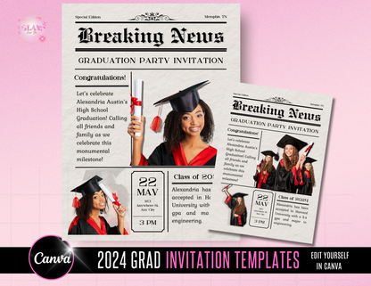 2024 Graduation Newspaper Invitation Editable Template Bundle Digital File