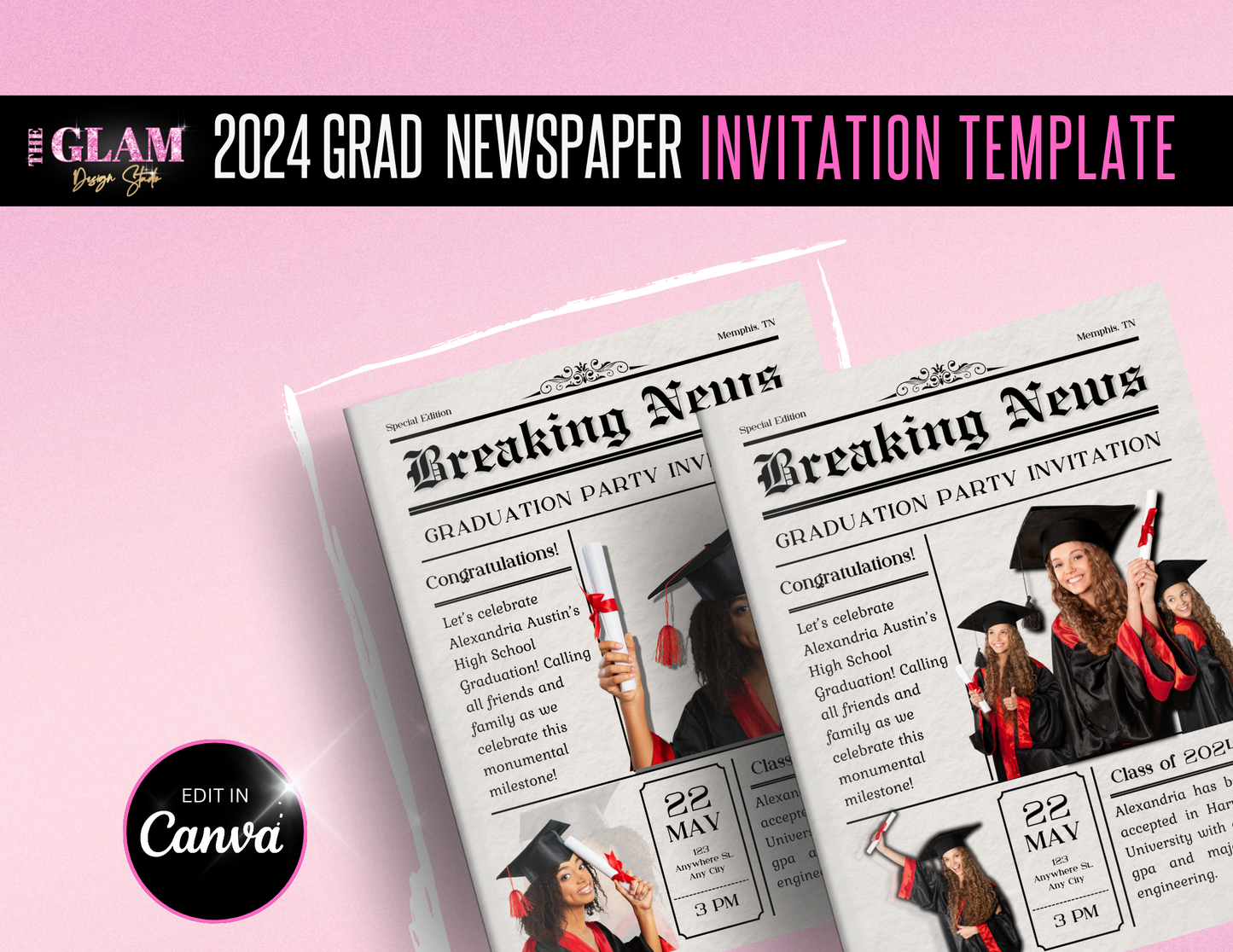 2024 Graduation Newspaper Invitation Editable Template Bundle Digital File