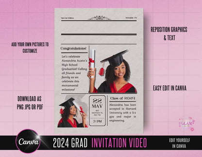 2024 Graduation Newspaper Invitation Editable Template Bundle Digital File